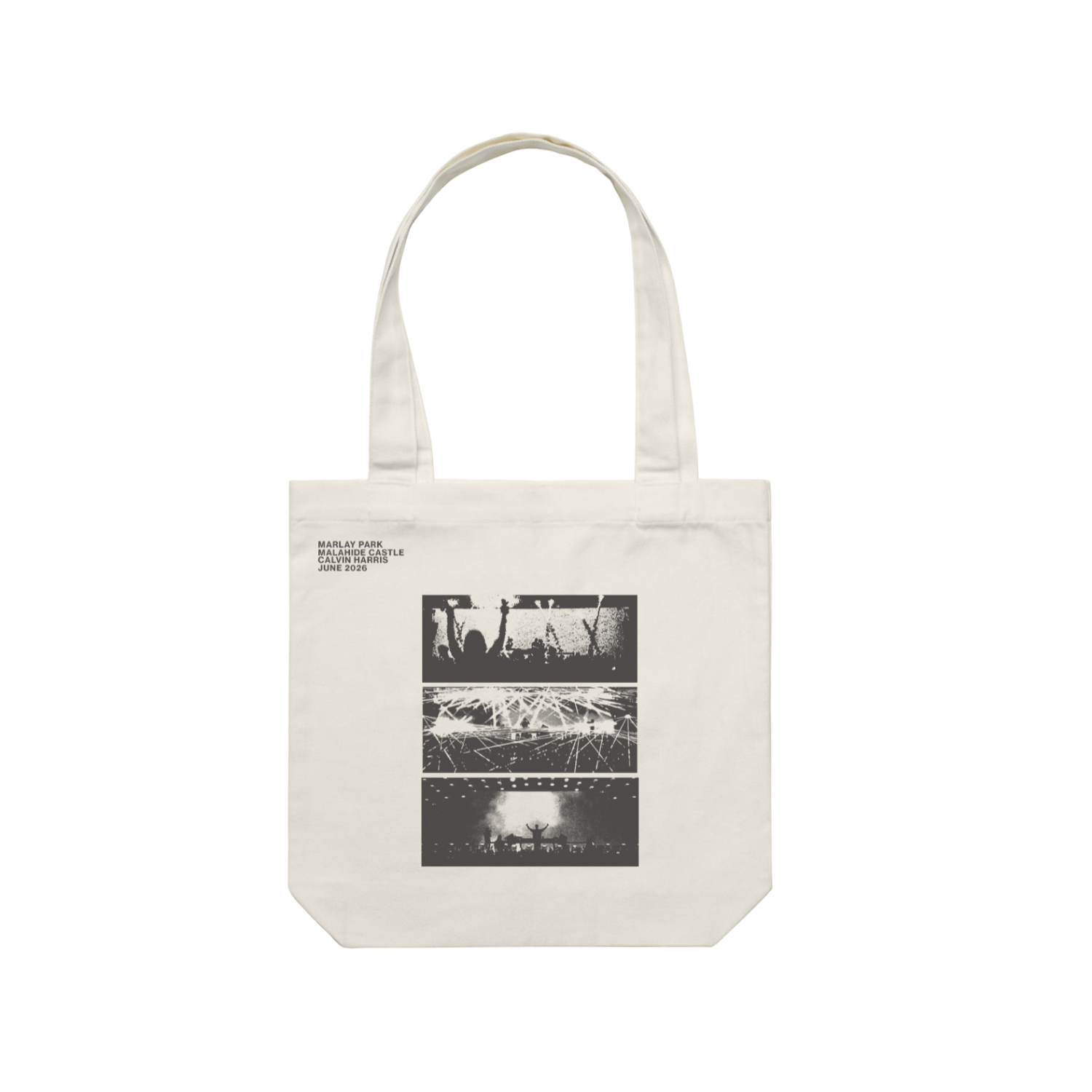 Beige tote bag with black and white graphic design 