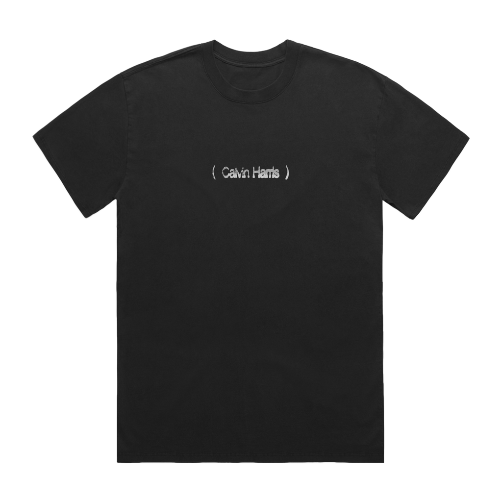 Front of a black short-sleeve T-shirt with grey “( Calvin Harris )” text printed across the chest.