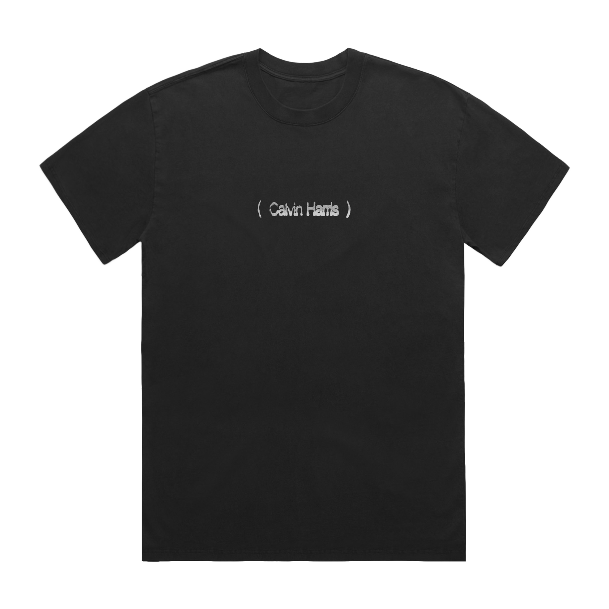 Front of a black short-sleeve T-shirt with grey “( Calvin Harris )” text printed across the chest.