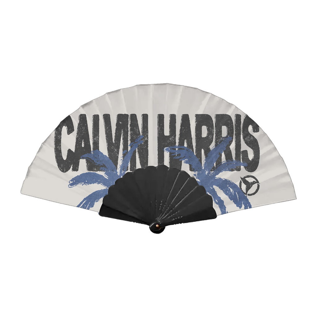 White handheld fan with a Calvin Harris palm logo print design.
