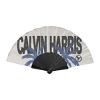 White handheld fan with a Calvin Harris palm logo print design.