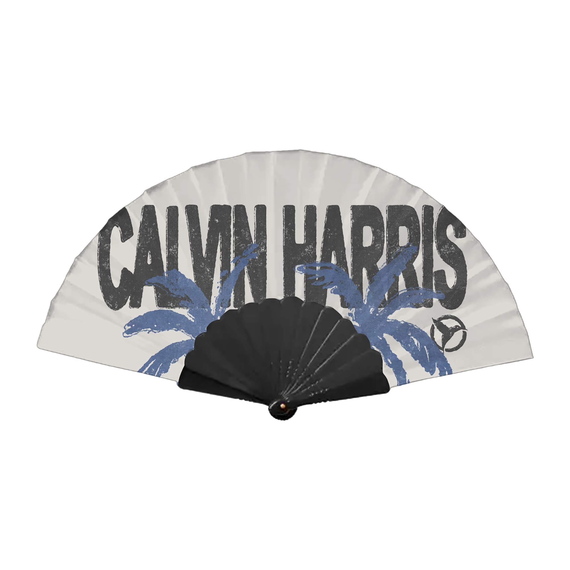 White handheld fan with a Calvin Harris palm logo print design.