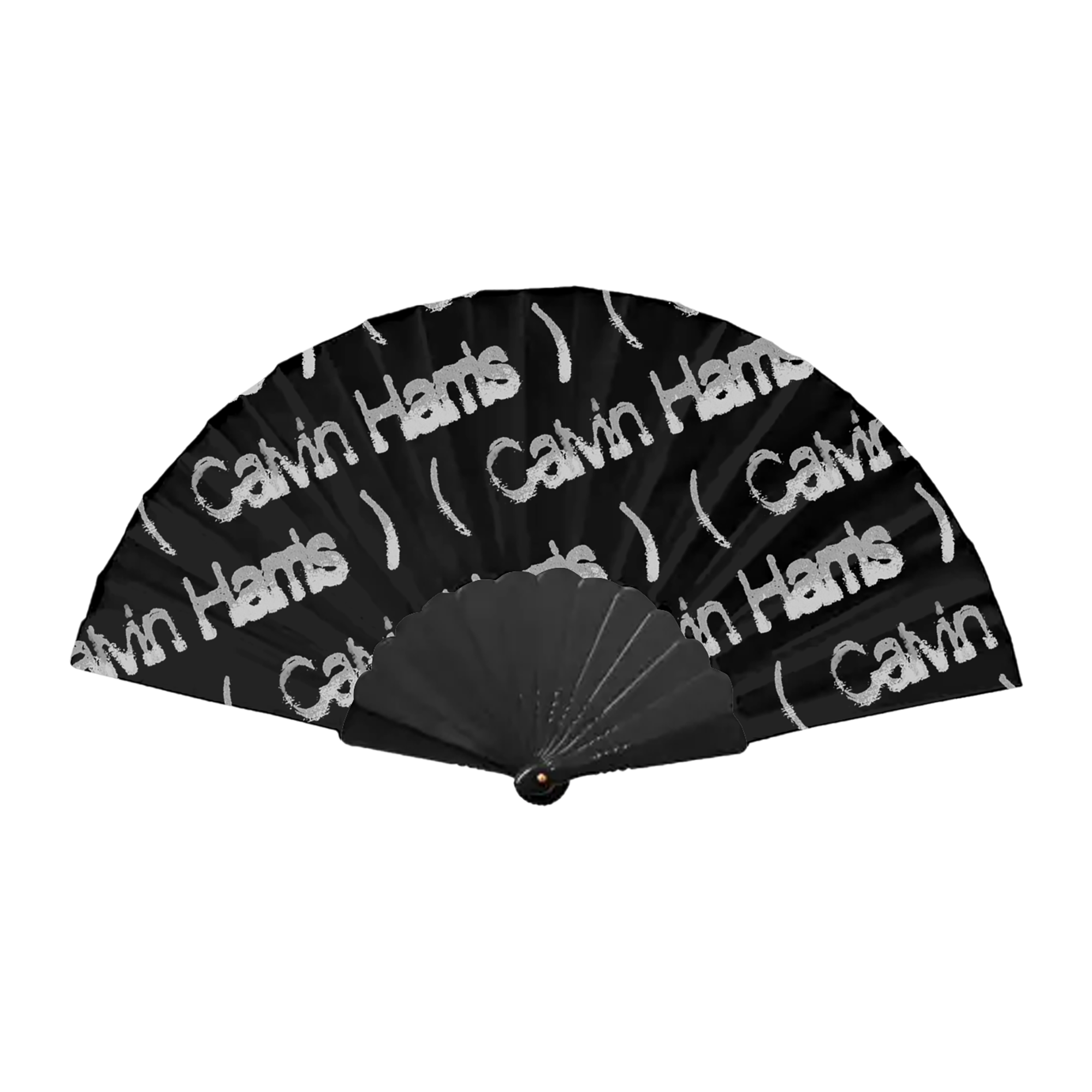 Black handheld fan with an all-over “Calvin Harris” logo print design.