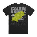 Back of a black T-shirt with “Calvin Harris Ushuaïa Ibiza Spain 2026” text and a green splash graphic printed over the text.