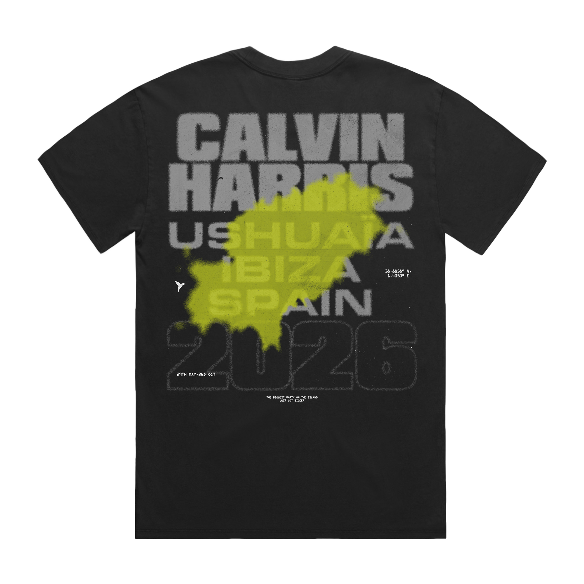 Back of a black T-shirt with “Calvin Harris Ushuaïa Ibiza Spain 2026” text and a green splash graphic printed over the text.