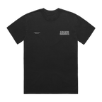 Black short-sleeve T-shirt with small grey “Ushuaïa Ibiza” text on the left chest and bold grey “Calvin Harris” text on the right chest.
