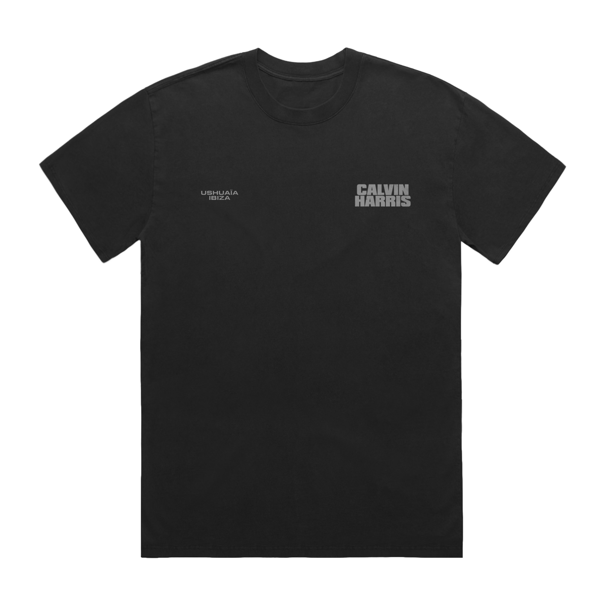 Black short-sleeve T-shirt with small grey “Ushuaïa Ibiza” text on the left chest and bold grey “Calvin Harris” text on the right chest.