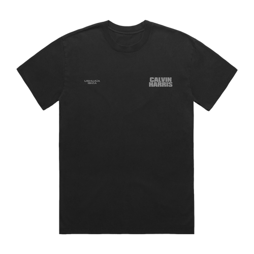 Black short-sleeve T-shirt with small grey “Ushuaïa Ibiza” text on the left chest and bold grey “Calvin Harris” text on the right chest.