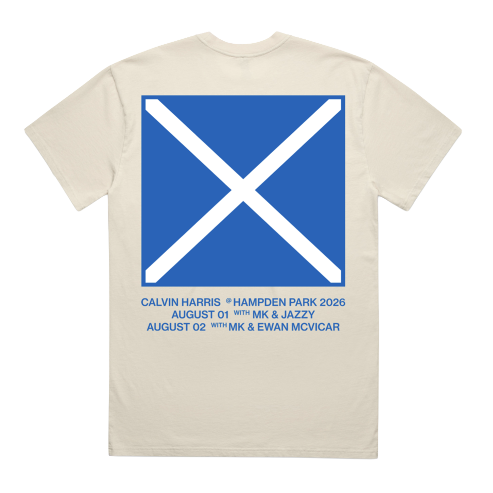 A cream-colored short-sleeve t-shirt shown from the back, featuring a large blue square graphic with a white diagonal cross, resembling the Scottish flag. Below the graphic, blue text lists concert dates and names: Calvin Harris, Hampden Park 2026, August 1st with MK & Jazzy, and August 2nd with Ewan Mcvicar.