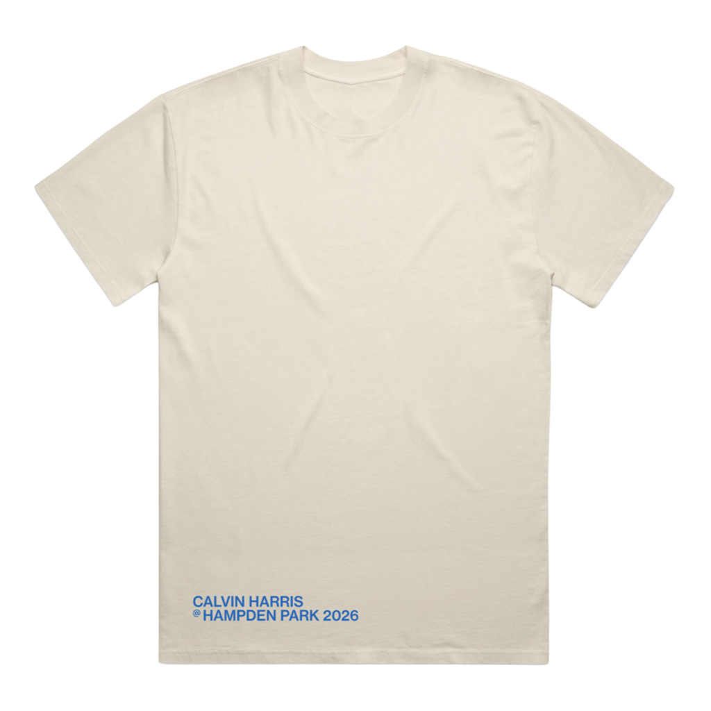 An off-white short-sleeve t-shirt with blue text at the bottom left reading 'CALVIN HARRIS 16 HAMPDEN PARK 2026', displayed flat against a white background.