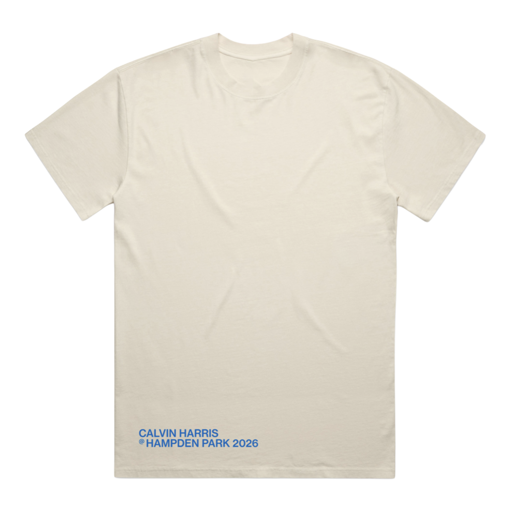 An off-white short-sleeve t-shirt with blue text at the bottom left reading 'CALVIN HARRIS 16 HAMPDEN PARK 2026', displayed flat against a white background.