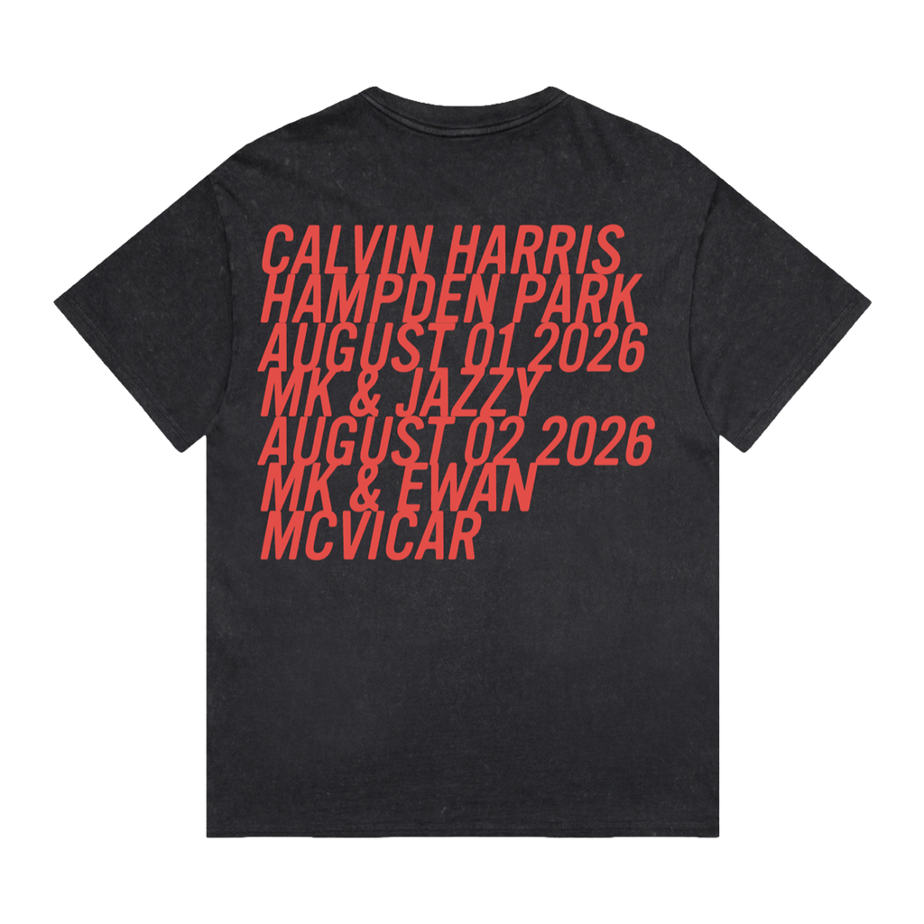 A black short-sleeve t-shirt with a stacked list of names and dates printed in a coral-red font on the back, shown against a plain white background.