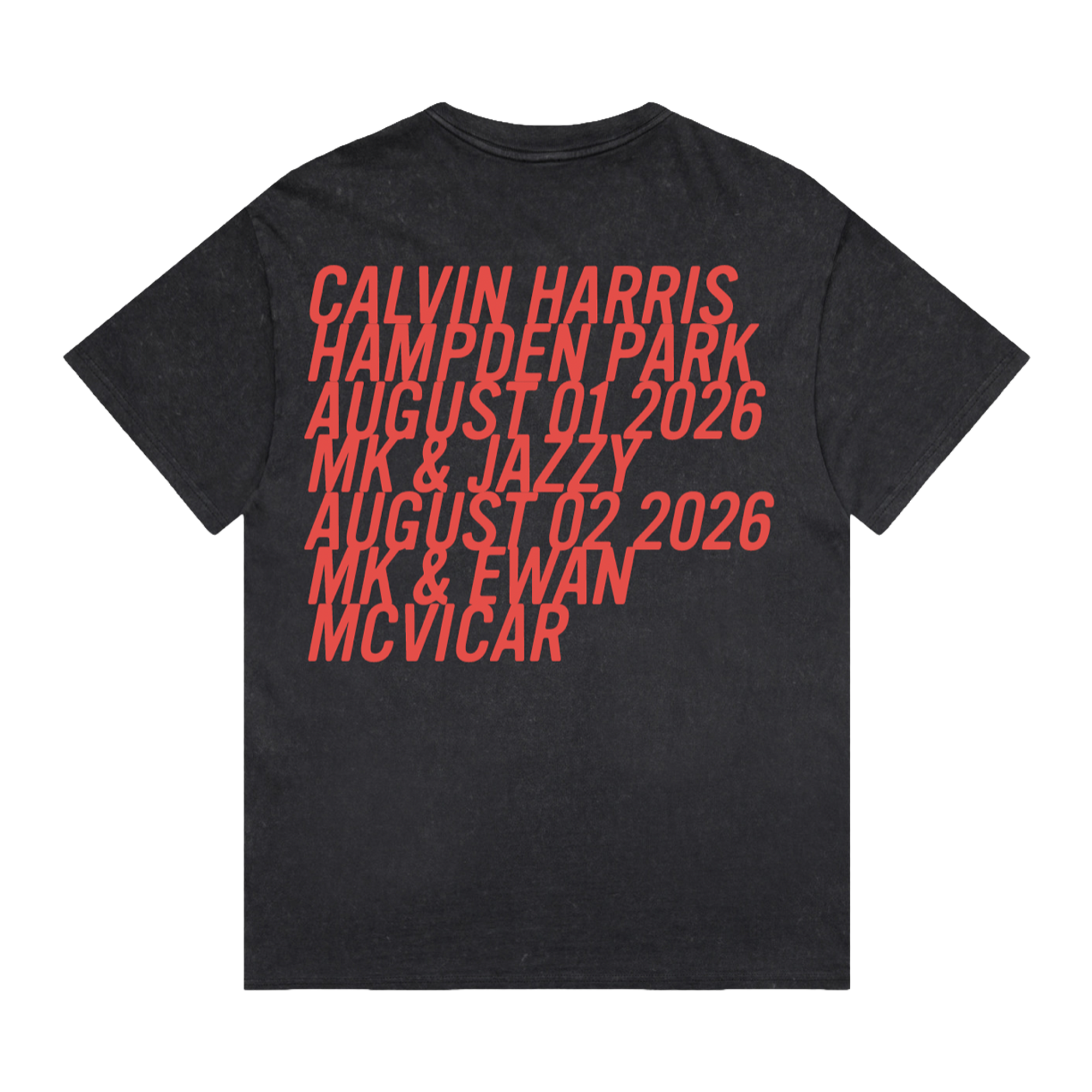 A black short-sleeve t-shirt with a stacked list of names and dates printed in a coral-red font on the back, shown against a plain white background.