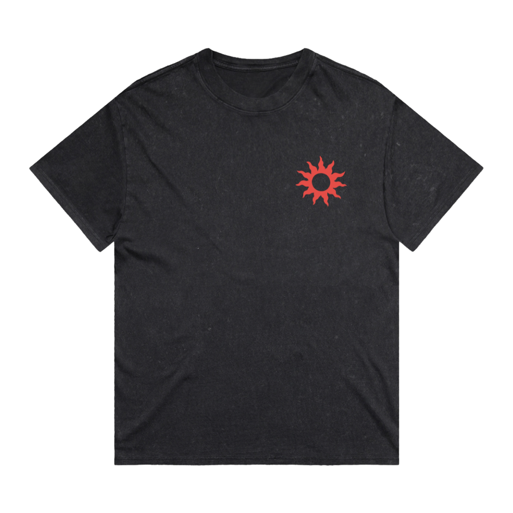 A black short-sleeve crewneck t-shirt with a small red sunburst graphic printed on the left chest, displayed flat against a solid white background.
