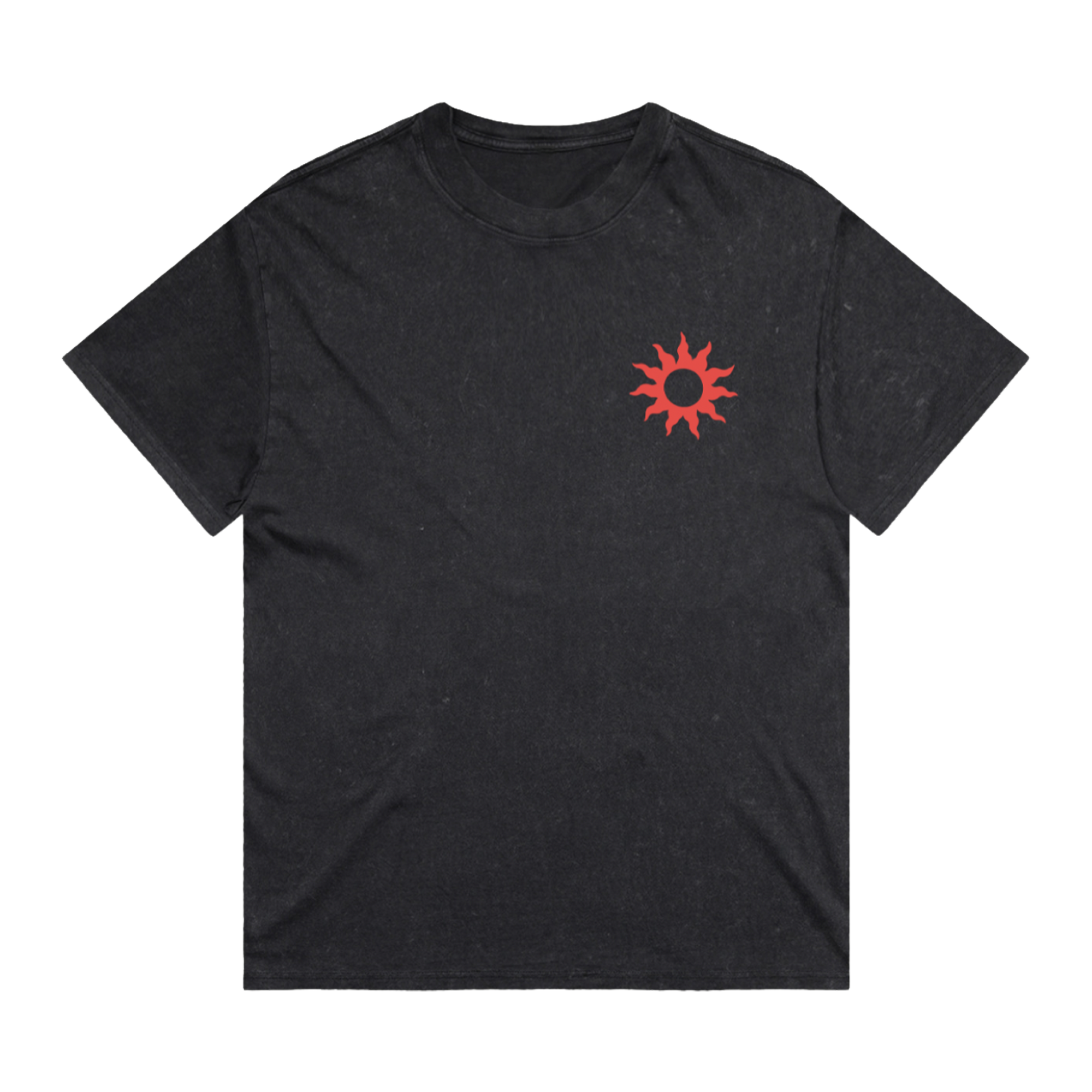 A black short-sleeve crewneck t-shirt with a small red sunburst graphic printed on the left chest, displayed flat against a solid white background.