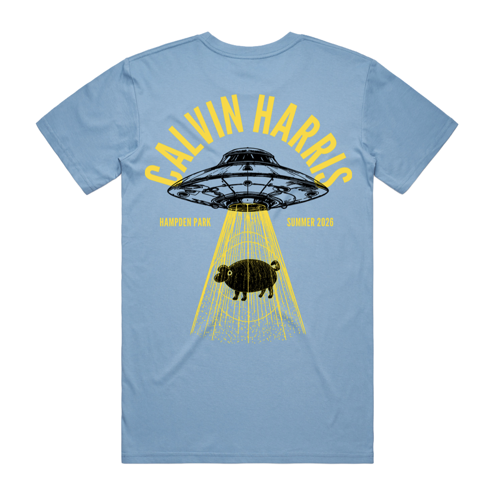 A light blue short-sleeve t-shirt with a graphic print on the back. The graphic features a black UFO casting yellow beams down, with a black pig silhouette under the beams.