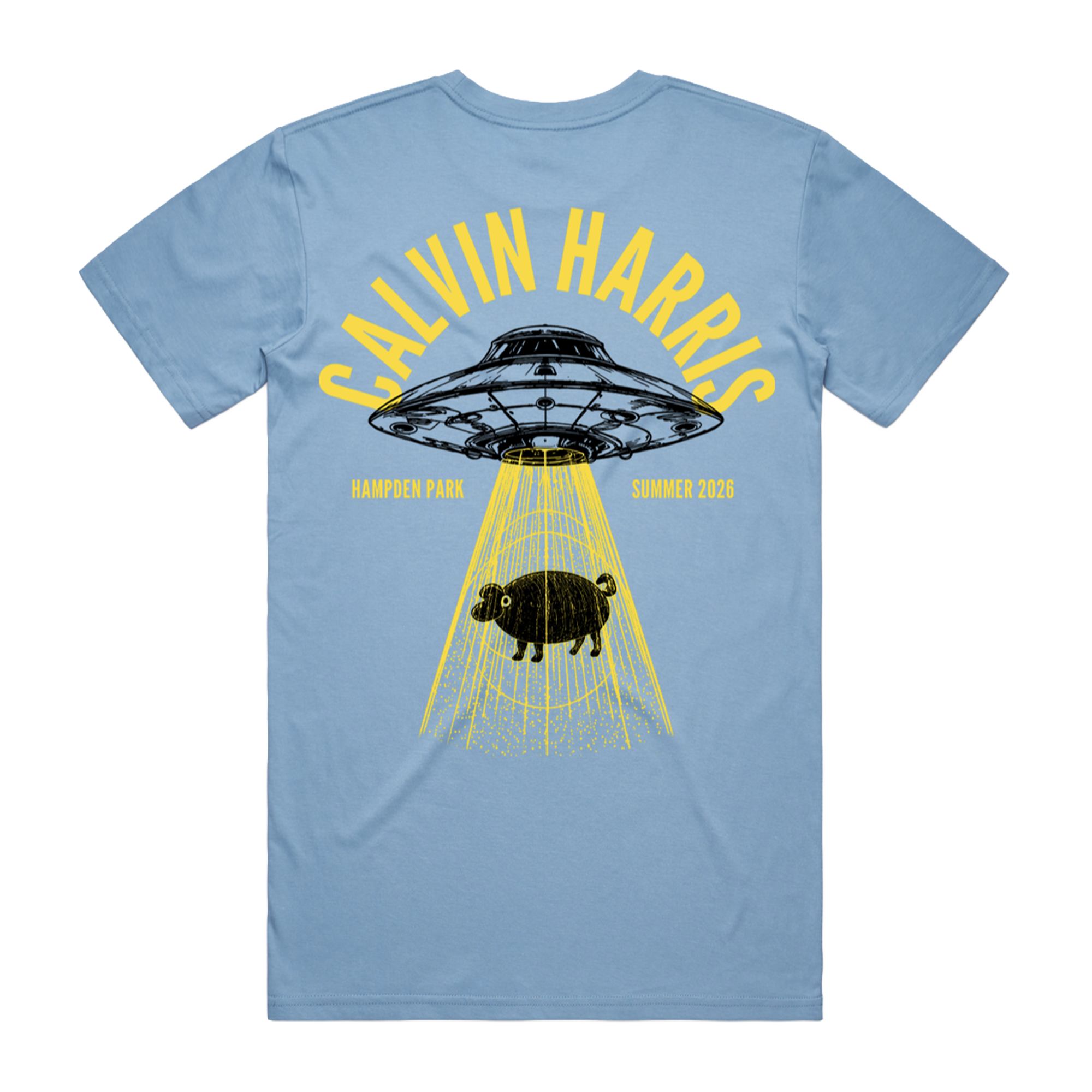 A light blue short-sleeve t-shirt with a graphic print on the back. The graphic features a black UFO casting yellow beams down, with a black pig silhouette under the beams.