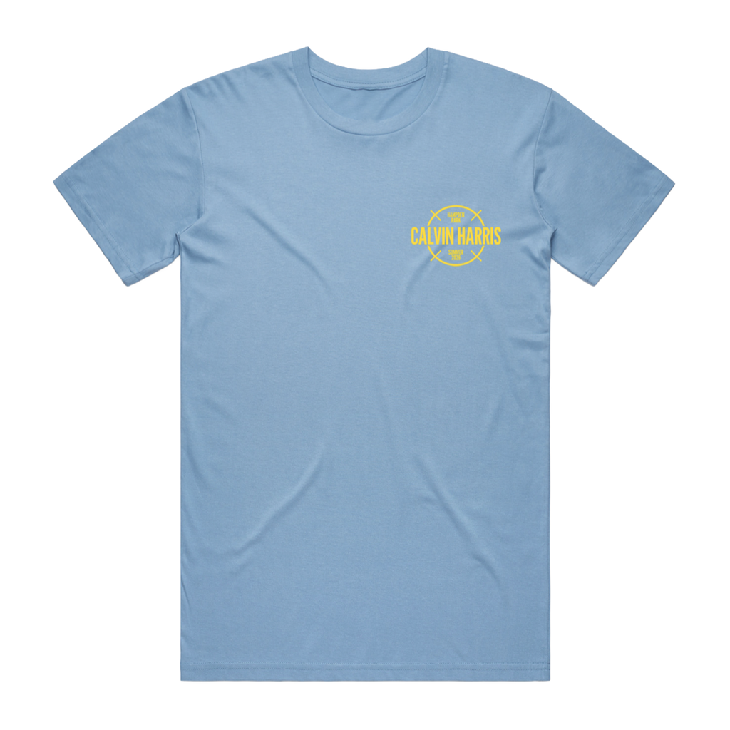 A light blue short-sleeve crewneck t-shirt with a small yellow circular logo on the left chest that reads 'CALVIN HARRIS'.