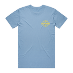 A light blue short-sleeve crewneck t-shirt with a small yellow circular logo on the left chest that reads 'CALVIN HARRIS'.