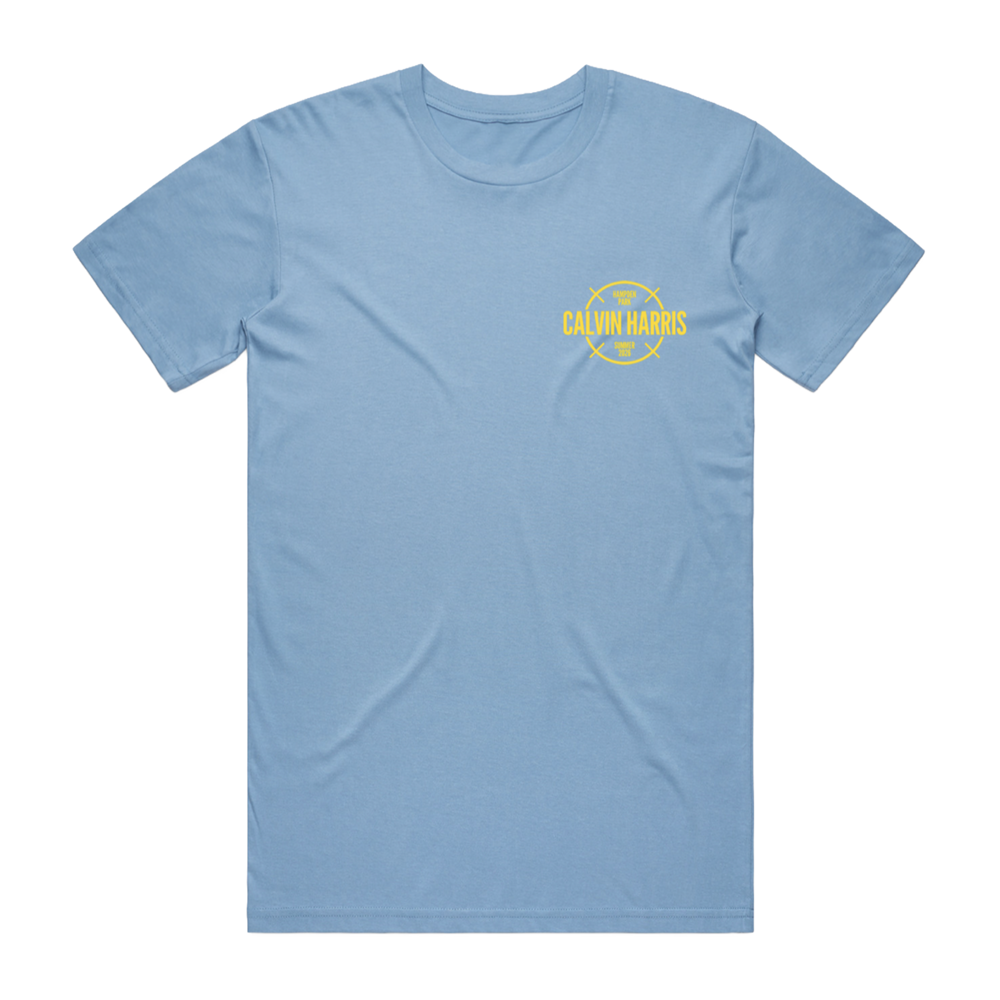 A light blue short-sleeve crewneck t-shirt with a small yellow circular logo on the left chest that reads 'CALVIN HARRIS'.