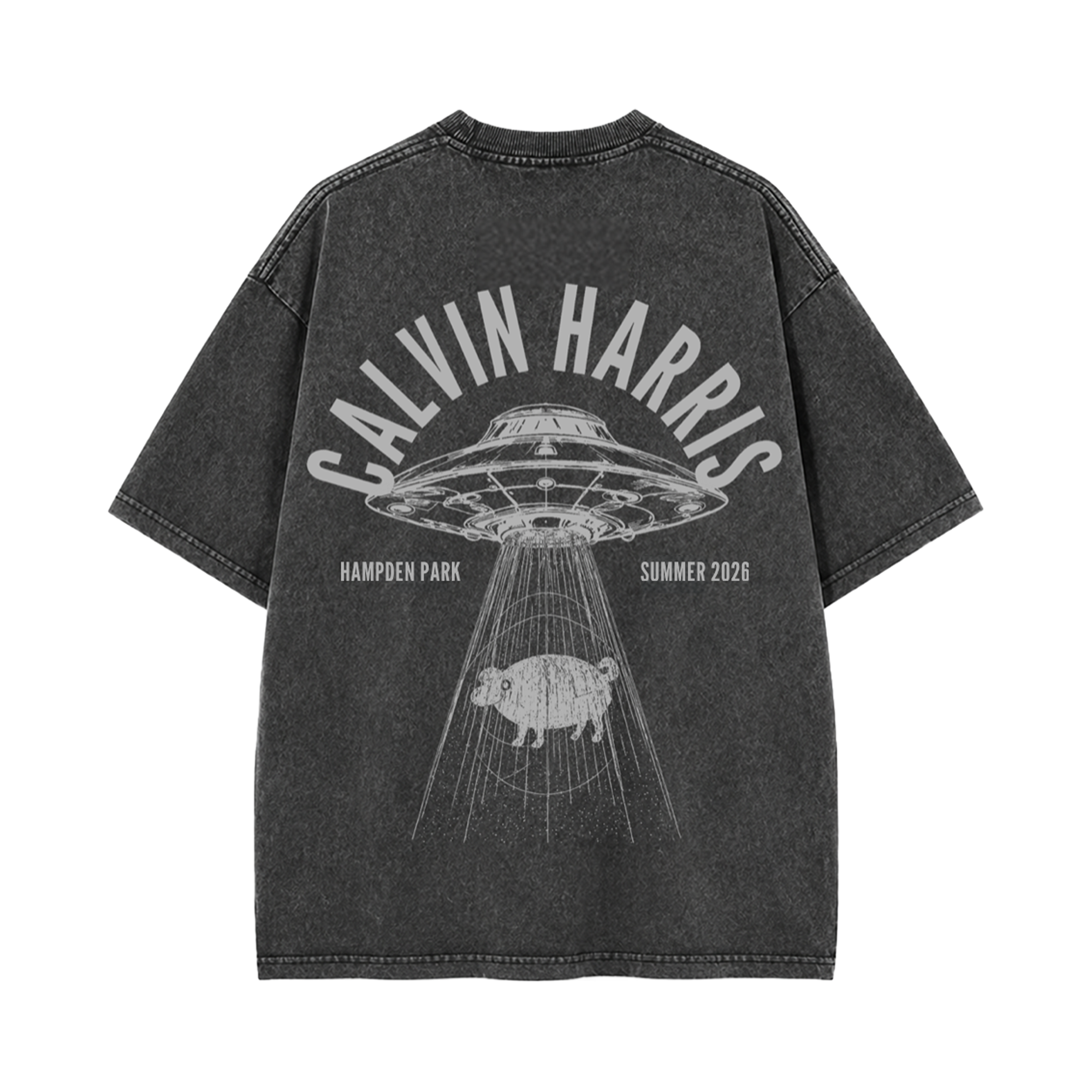 A dark gray mineral-wash t-shirt shown from the back, featuring a large white graphic print of a UFO, a pig, and the text 'CALVIN HARRIS', 'HAMPEN PARK', and 'SUMMER 2026'.