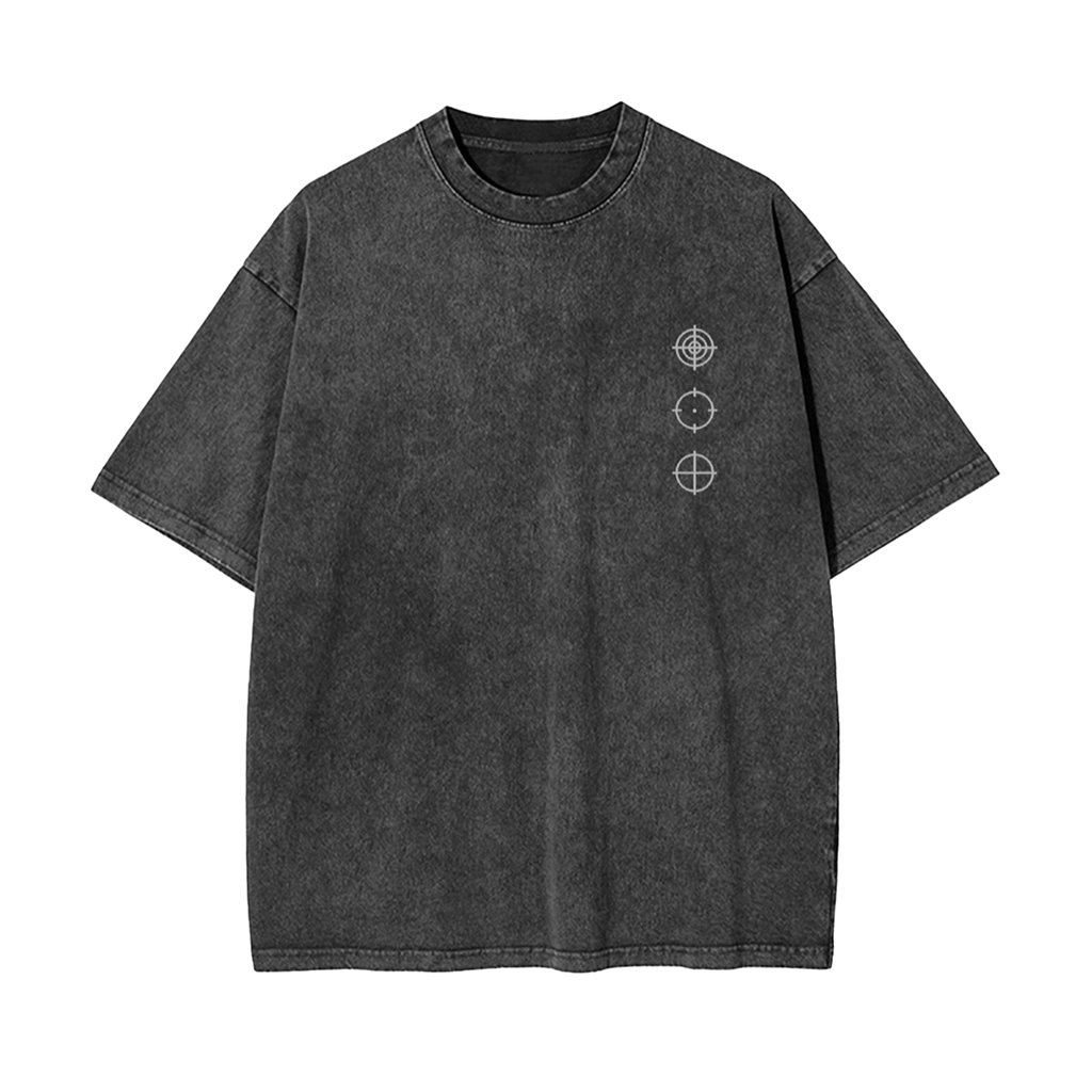 A dark gray mineral-wash short-sleeve t-shirt with a small white geometric target graphic printed on the left chest, displayed against a solid white background.