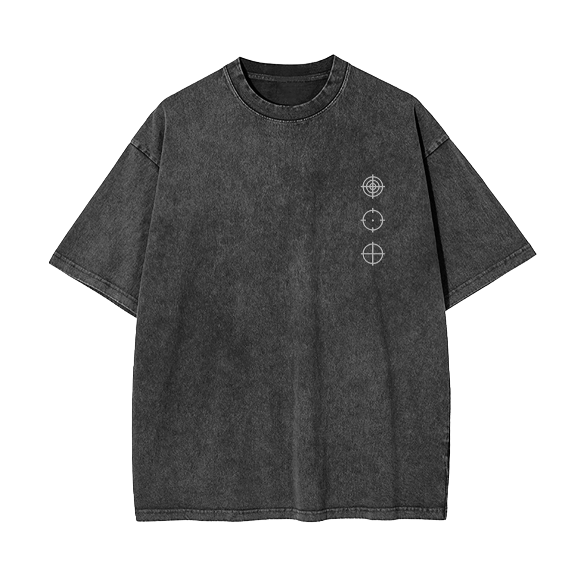 A dark gray mineral-wash short-sleeve t-shirt with a small white geometric target graphic printed on the left chest, displayed against a solid white background.