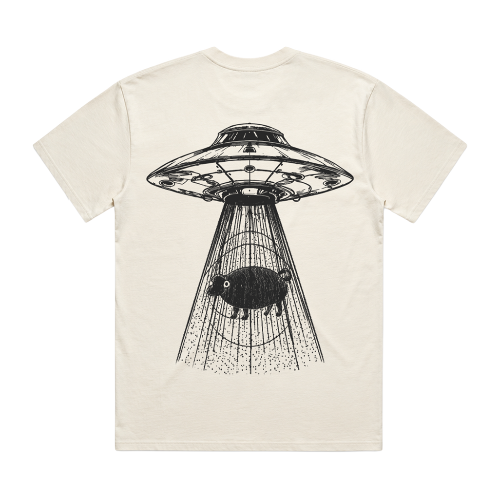An off-white short-sleeve t-shirt with a large black graphic print on the back showing a classic flying saucer with a pig inside, set against a plain white background.