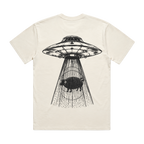 An off-white short-sleeve t-shirt with a large black graphic print on the back showing a classic flying saucer with a pig inside, set against a plain white background.