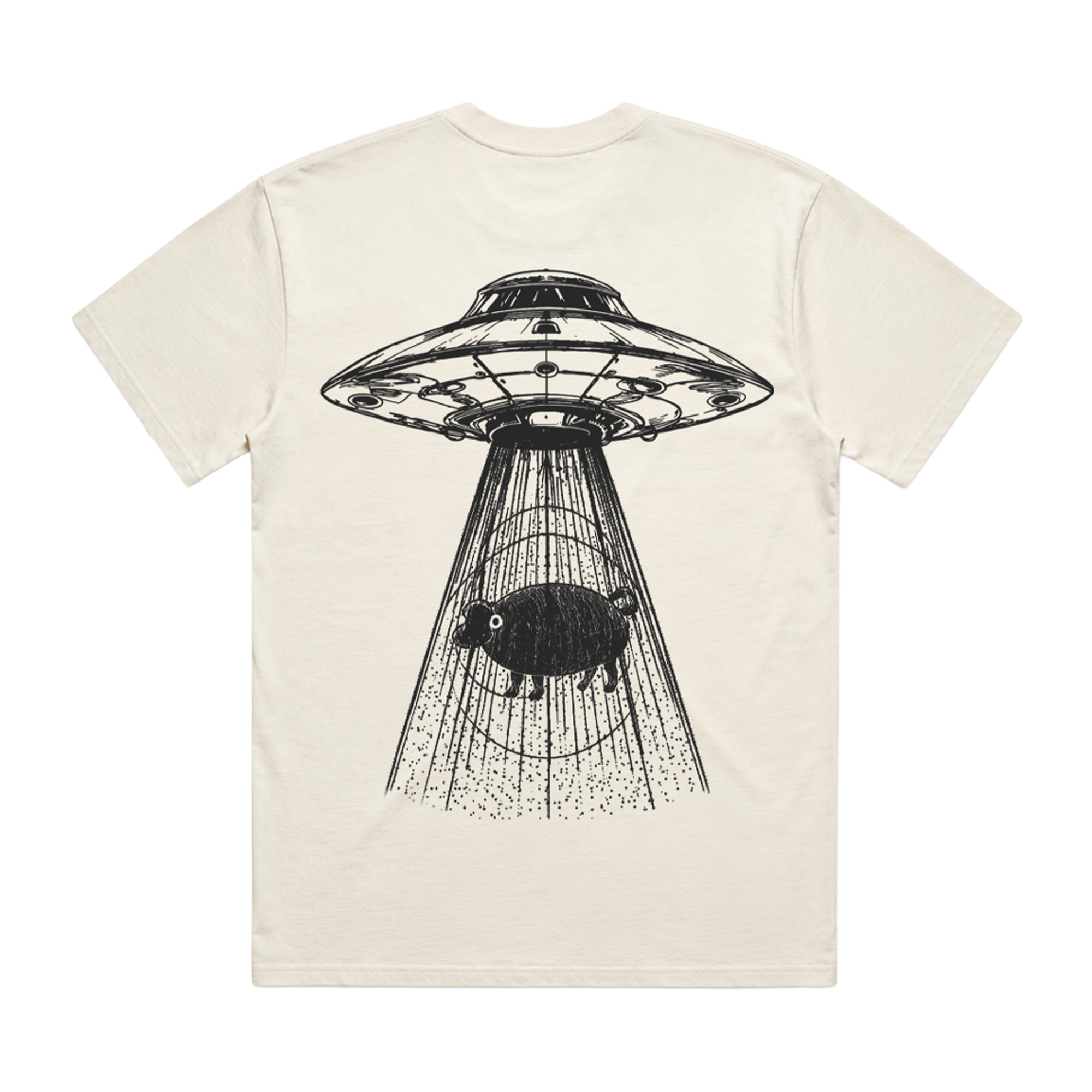 An off-white short-sleeve t-shirt with a large black graphic print on the back showing a classic flying saucer with a pig inside, set against a plain white background.