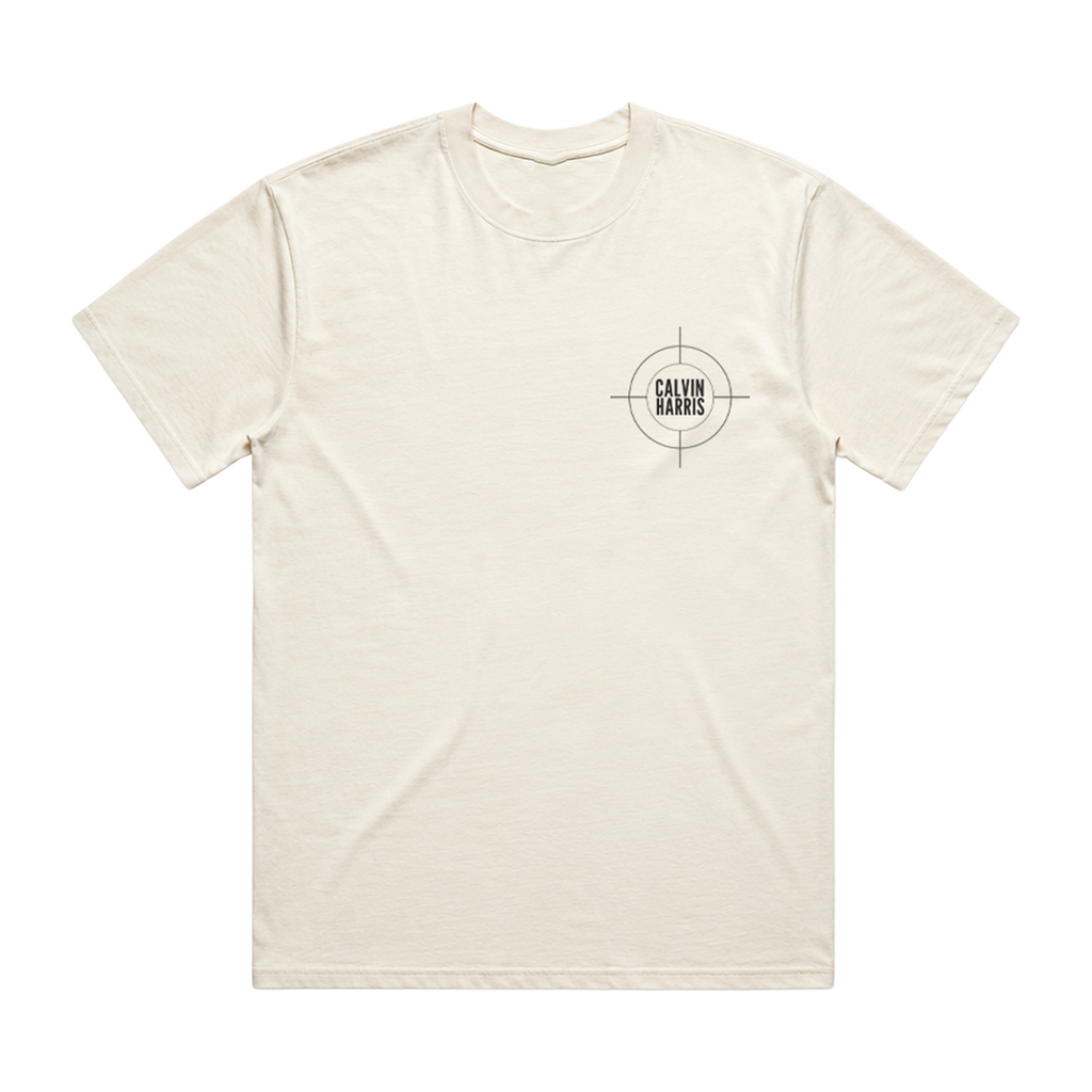 An off-white crewneck t-shirt with a small black Calvin Harris logo printed on the left chest, displayed against a solid white background.