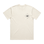 An off-white crewneck t-shirt with a small black Calvin Harris logo printed on the left chest, displayed against a solid white background.