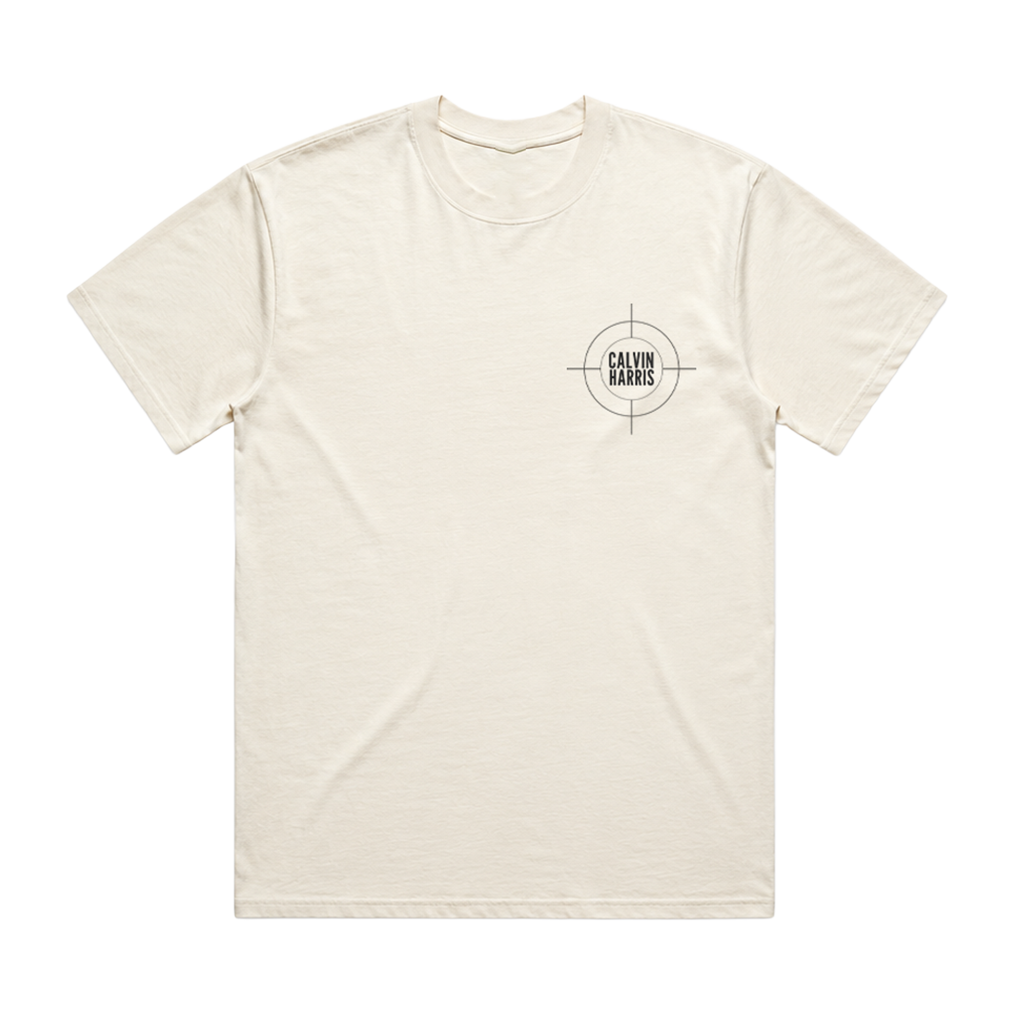 An off-white crewneck t-shirt with a small black Calvin Harris logo printed on the left chest, displayed against a solid white background.