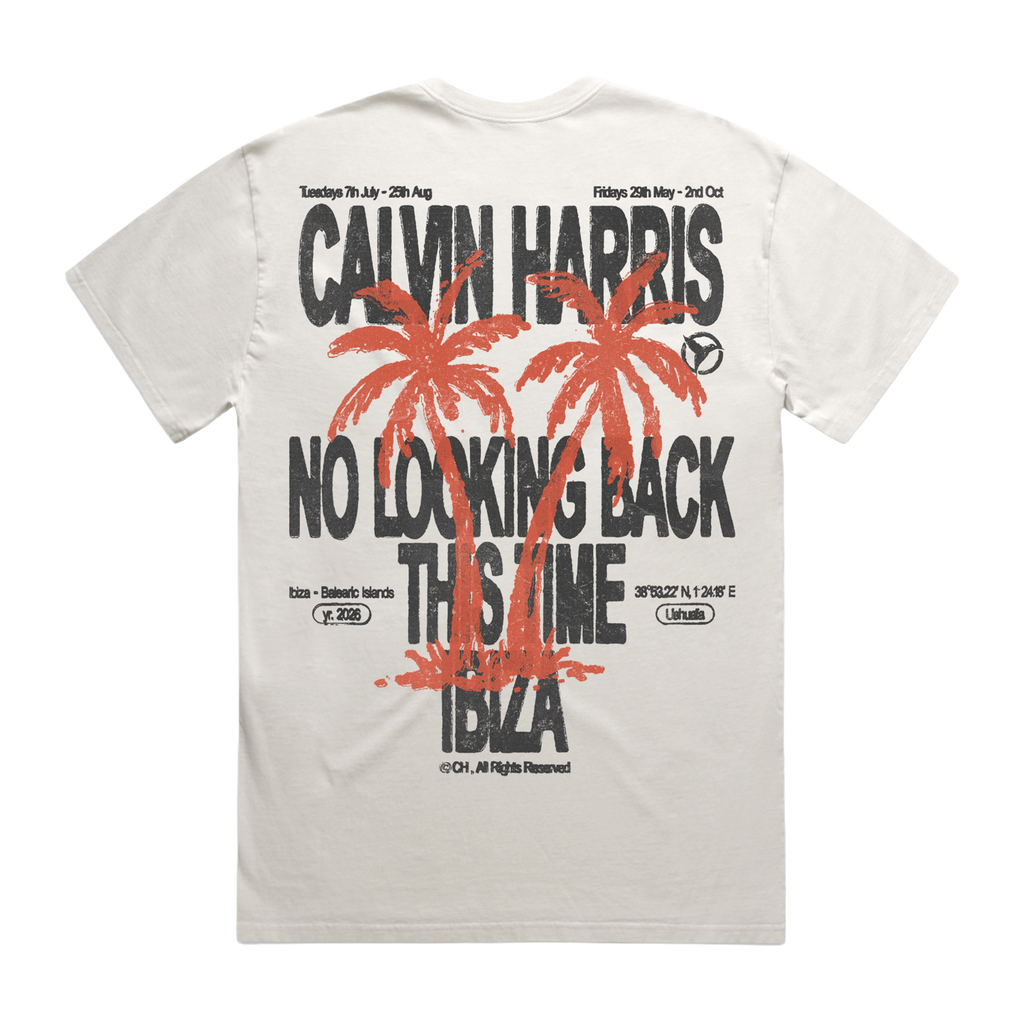 White short-sleeve T-shirt with a “No Looking Back This Time – Ibiza” palm graphic print across the back.