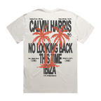 White short-sleeve T-shirt with a “No Looking Back This Time – Ibiza” palm graphic print across the back.