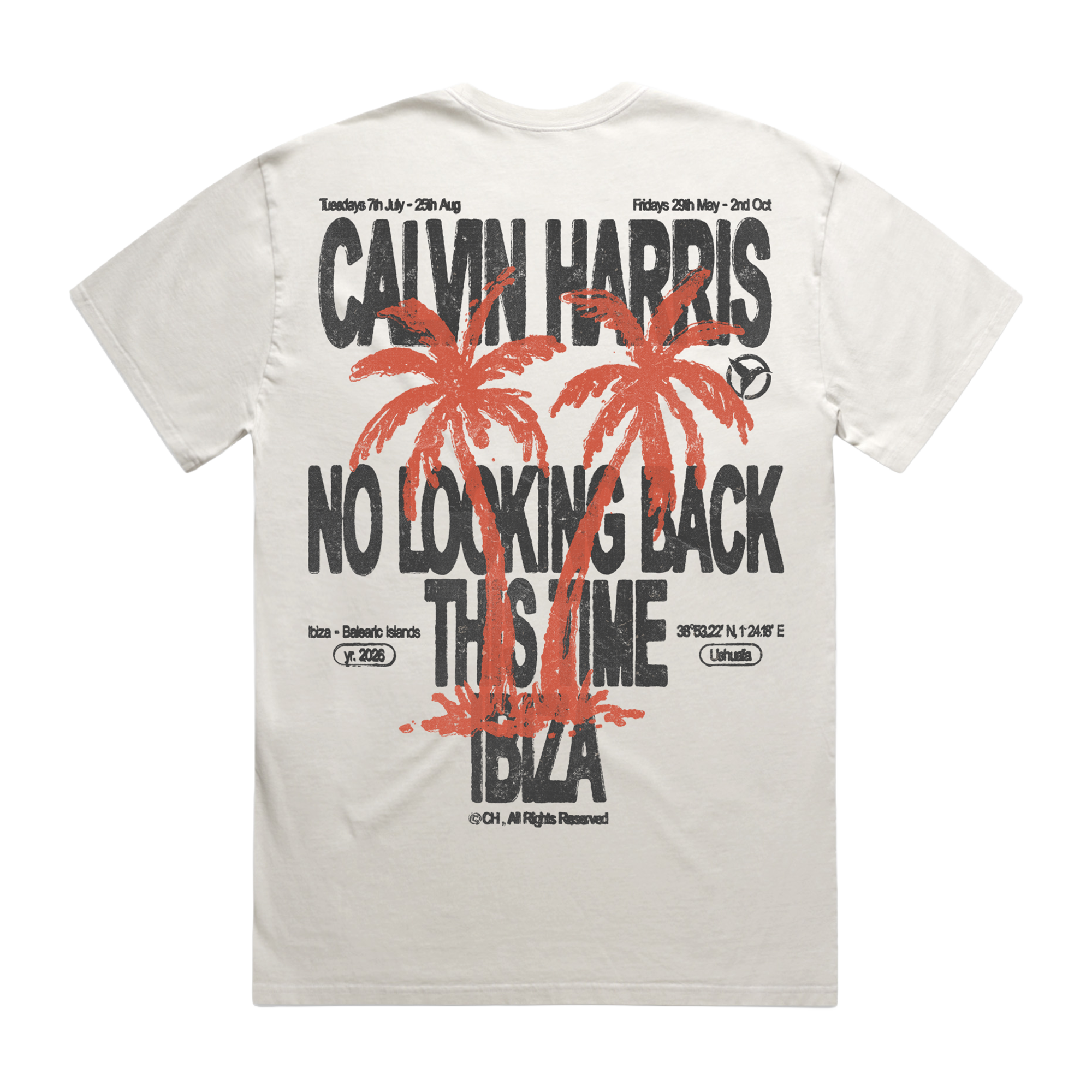 White short-sleeve T-shirt with a “No Looking Back This Time – Ibiza” palm graphic print across the back.