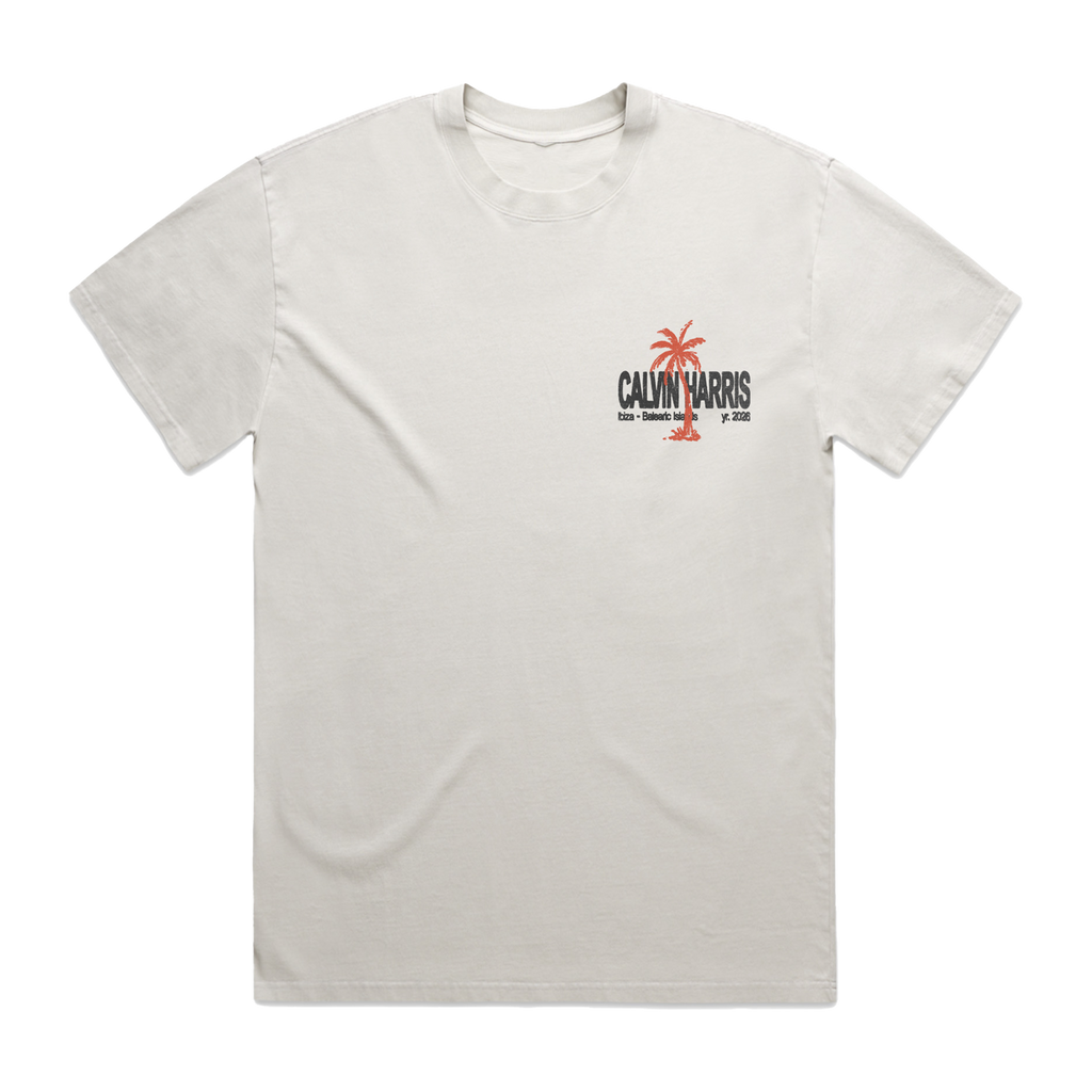 Ecru short-sleeve T-shirt with a Calvin Harris palm logo printed on the front chest.