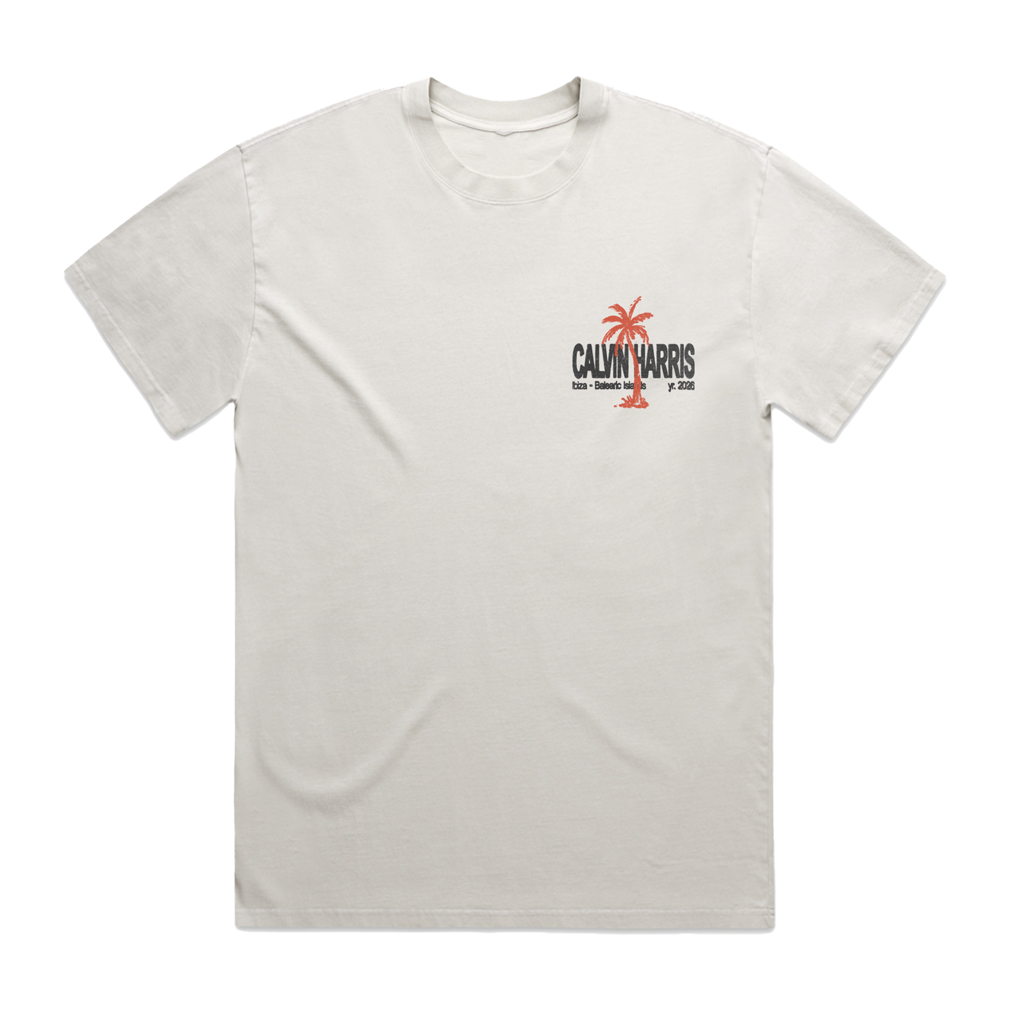 Ecru short-sleeve T-shirt with a Calvin Harris palm logo printed on the front chest.
