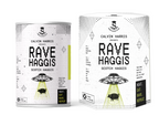 A can and a box of Calvin Harris Presents Rave Haggis Scotch Haggis, featuring a white and black design with a UFO graphic and a black pig illustration, on a white background.