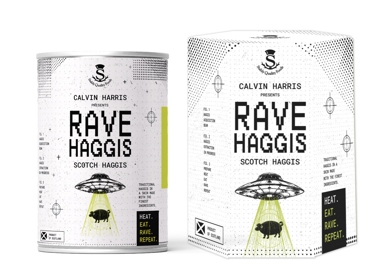 A can and a box of Calvin Harris Presents Rave Haggis Scotch Haggis, featuring a white and black design with a UFO graphic and a black pig illustration, on a white background.